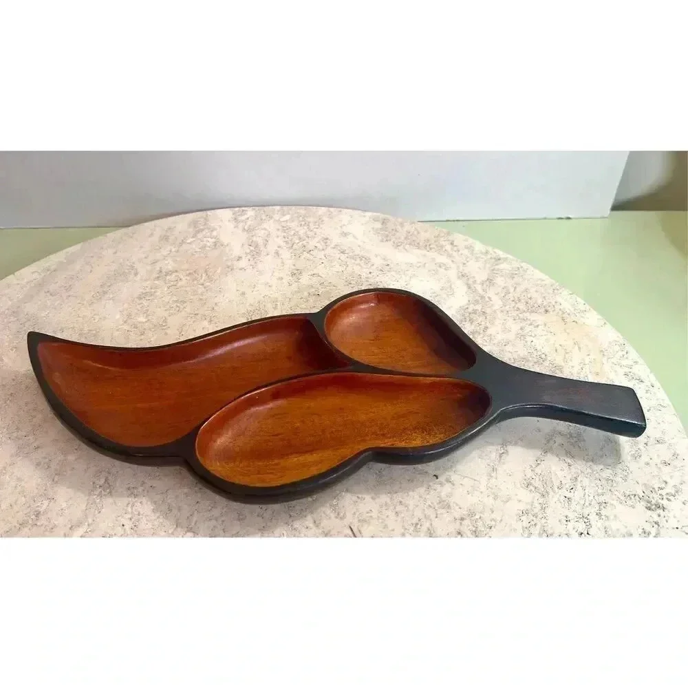 Vintage Wooden Serving Tray Leaf Design Nut Mints Candy Bowl‎ Dish Brown 6.5x13